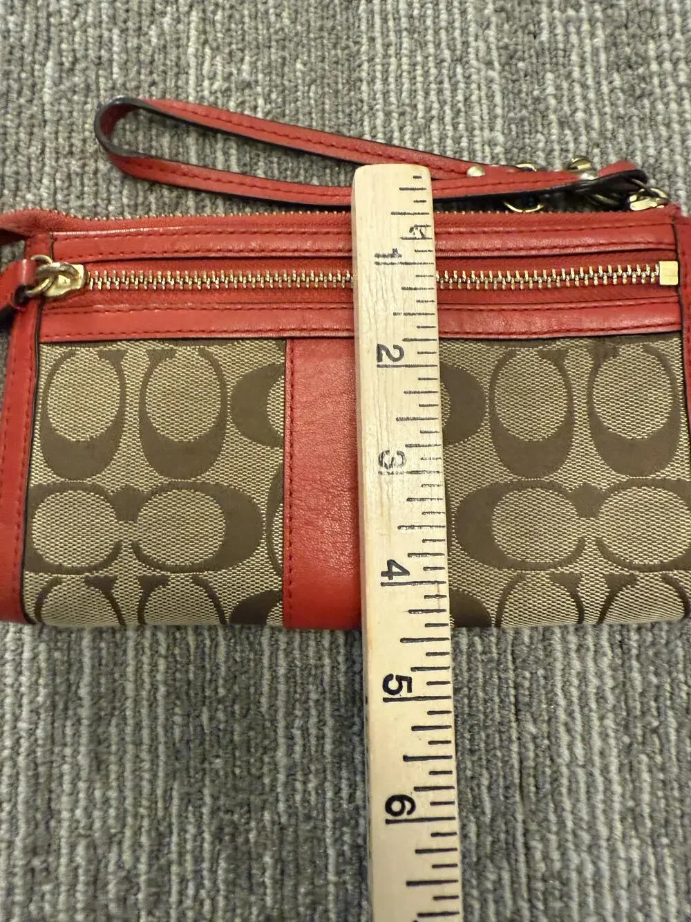 Coach Wristlet Womens One Size Brown Red Signature Canvas Leather Zip Pouch